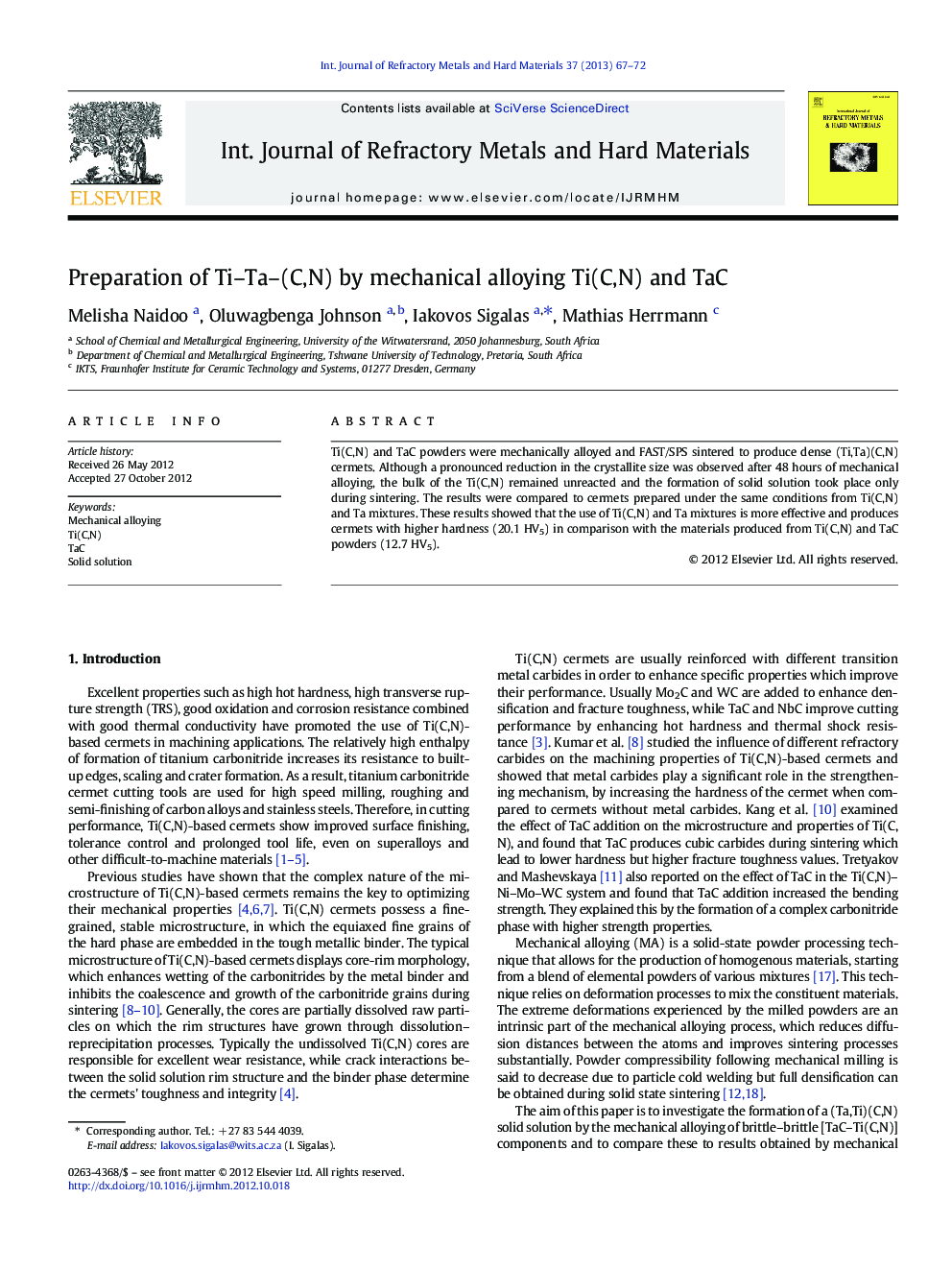 Preparation of Ti–Ta–(C,N) by mechanical alloying Ti(C,N) and TaC