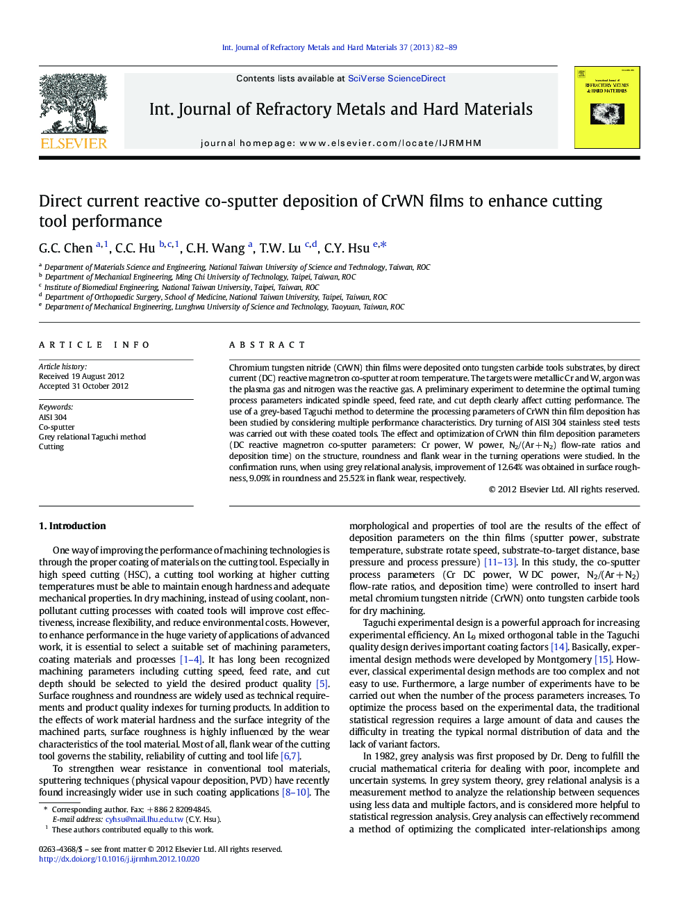 Direct current reactive co-sputter deposition of CrWN films to enhance cutting tool performance