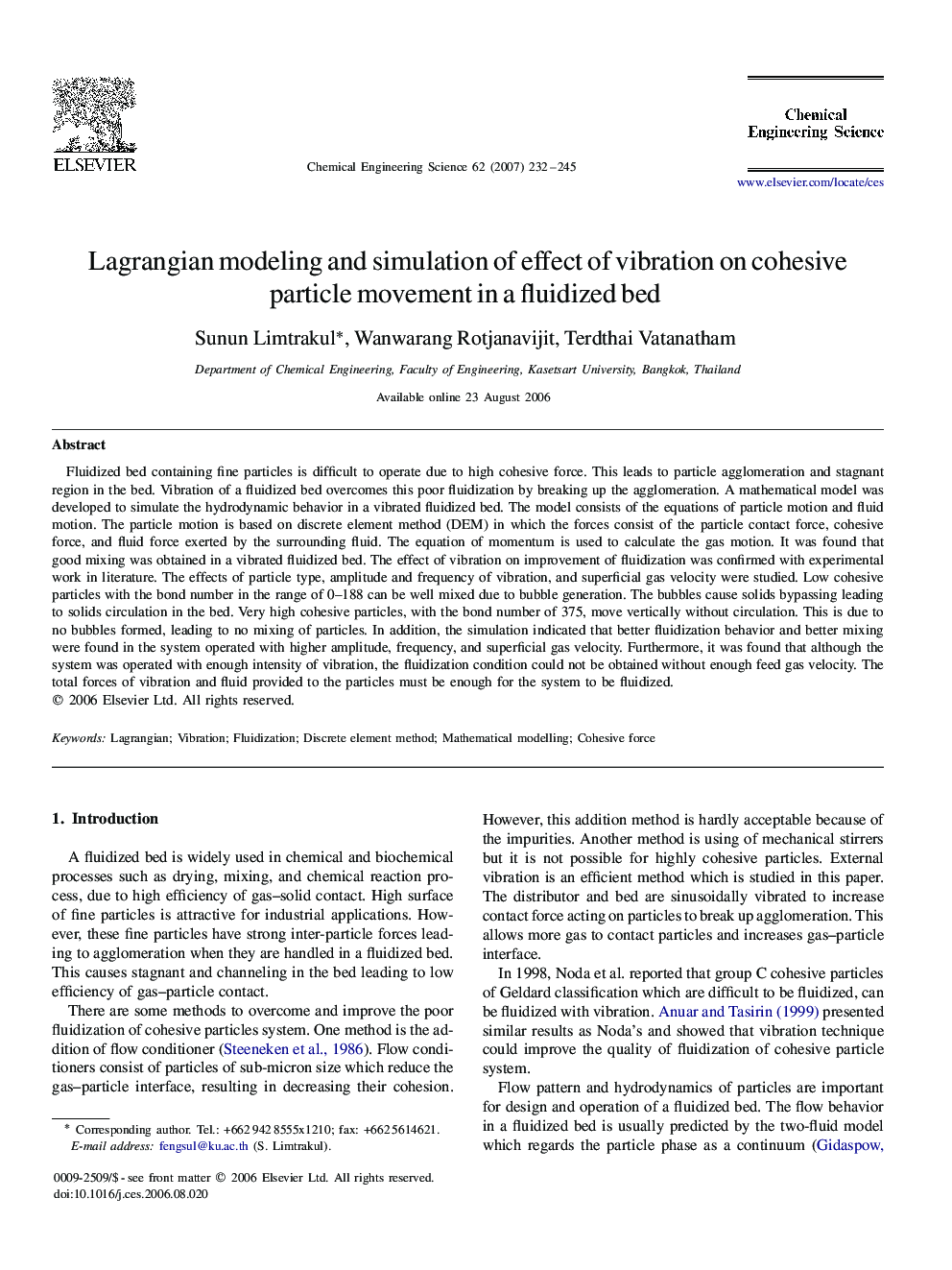 Lagrangian modeling and simulation of effect of vibration on cohesive particle movement in a fluidized bed