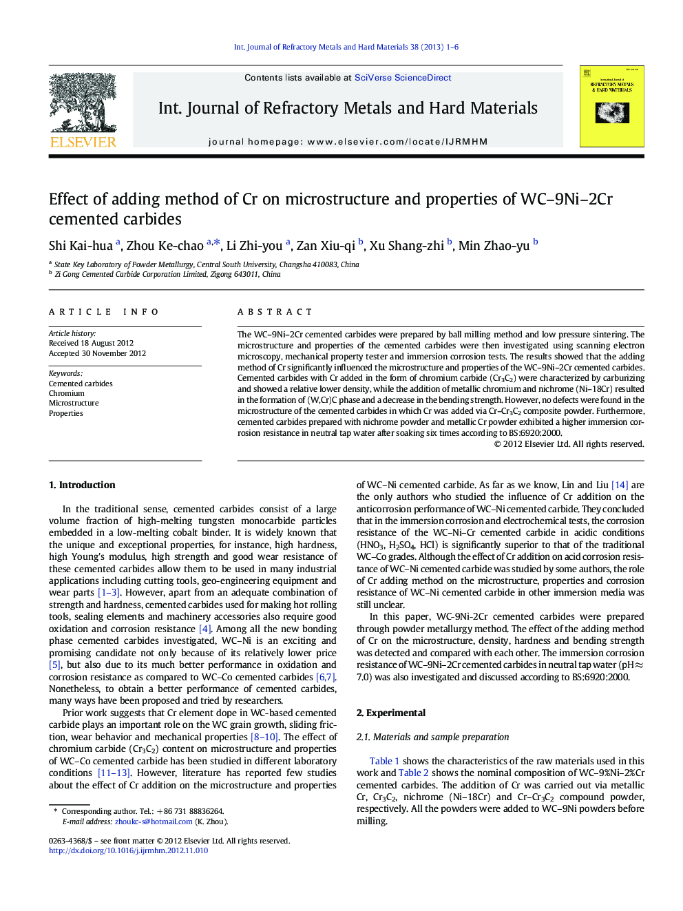 Effect of adding method of Cr on microstructure and properties of WC-9Ni-2Cr cemented carbides