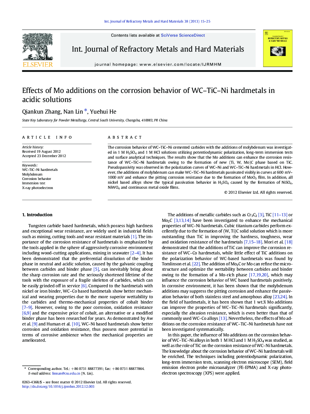 Effects of Mo additions on the corrosion behavior of WC-TiC-Ni hardmetals in acidic solutions