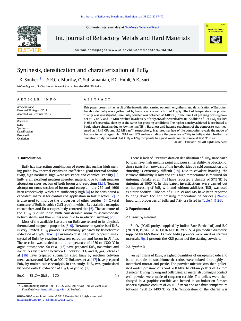 Synthesis, densification and characterization of EuB6