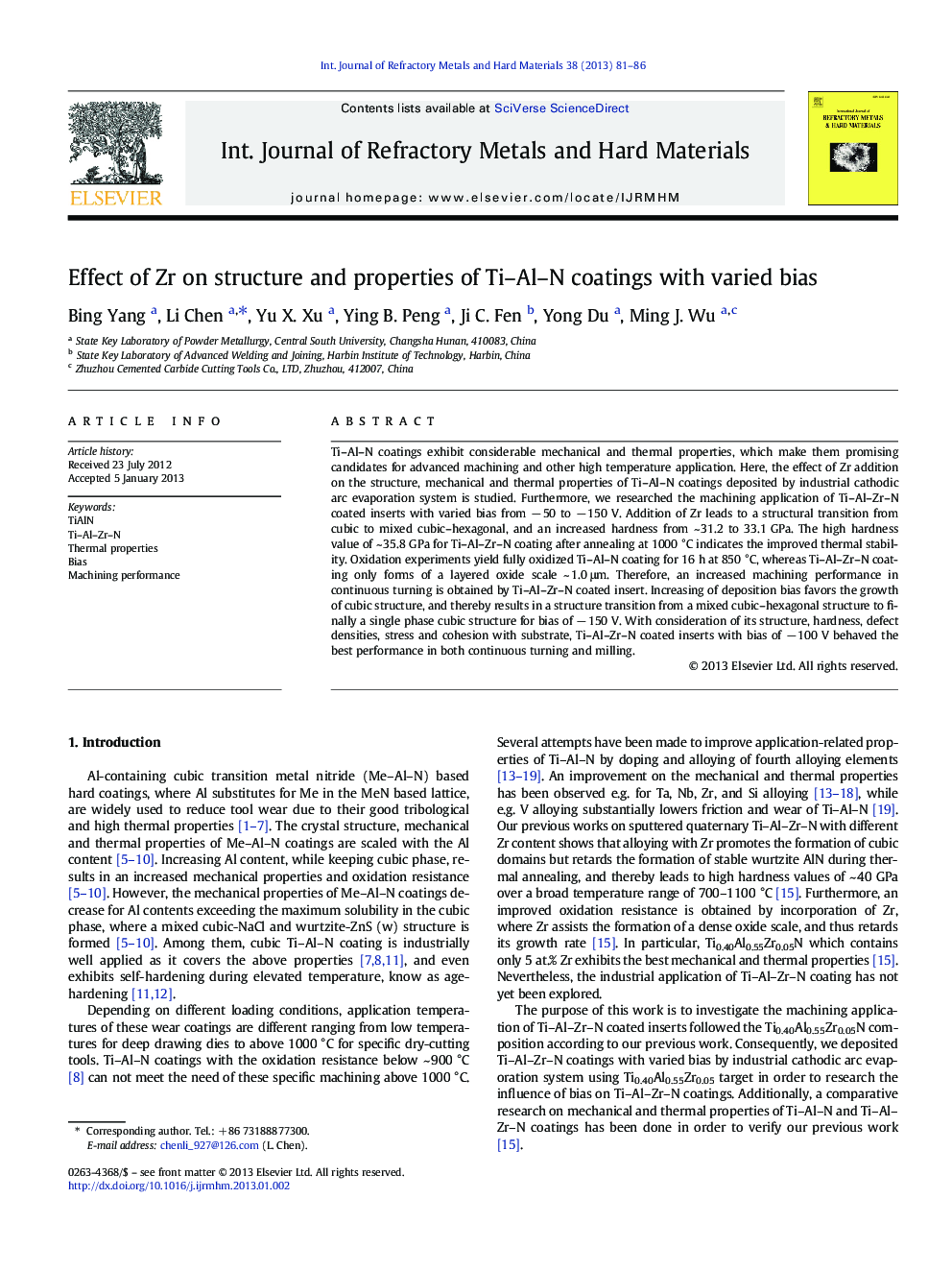 Effect of Zr on structure and properties of Ti–Al–N coatings with varied bias
