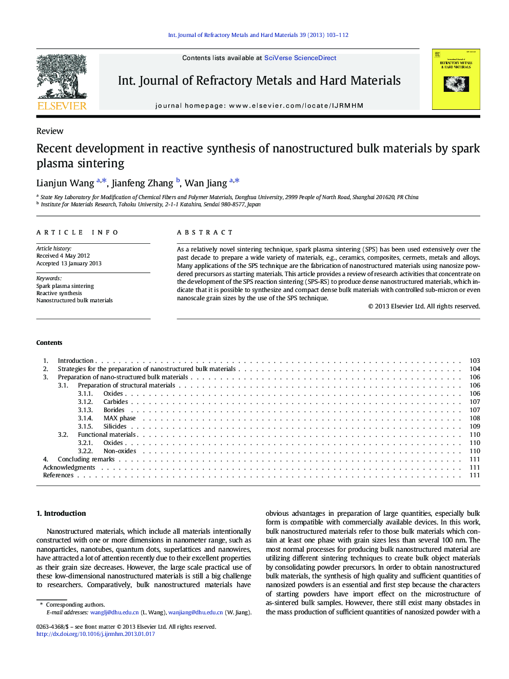 Recent development in reactive synthesis of nanostructured bulk materials by spark plasma sintering