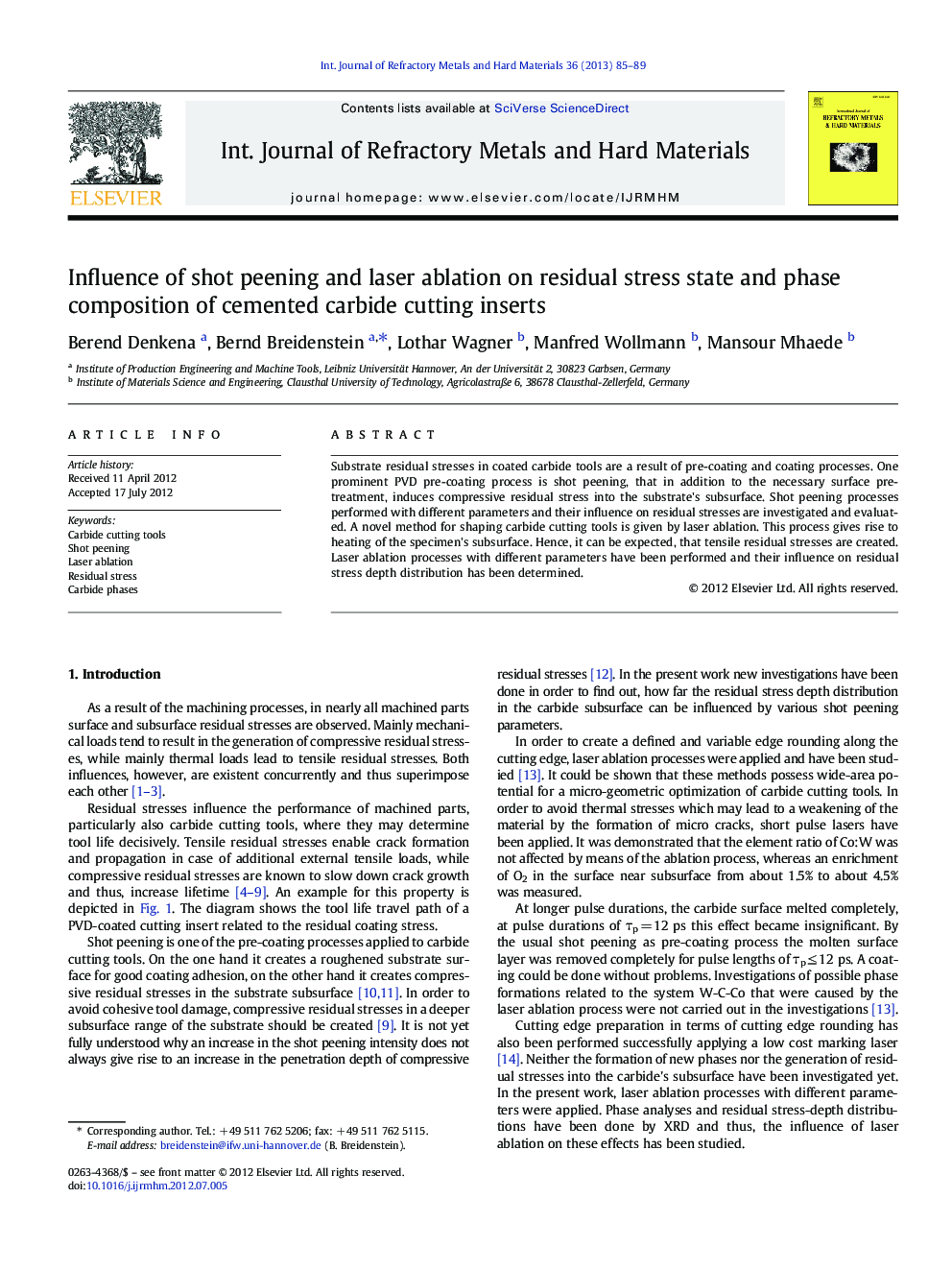 Influence of shot peening and laser ablation on residual stress state and phase composition of cemented carbide cutting inserts