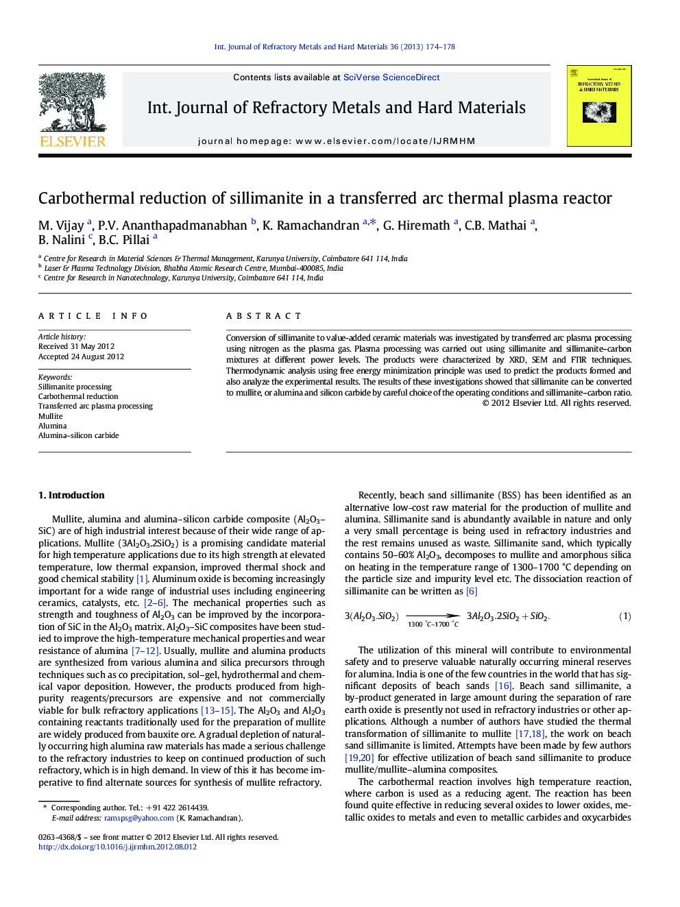 Carbothermal reduction of sillimanite in a transferred arc thermal plasma reactor