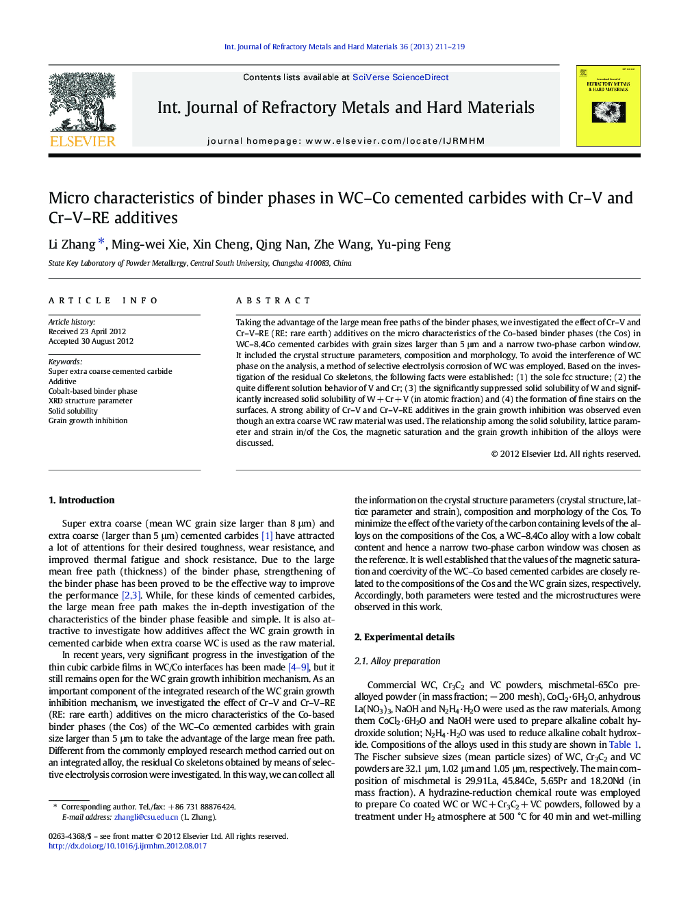 Micro characteristics of binder phases in WC–Co cemented carbides with Cr–V and Cr–V–RE additives