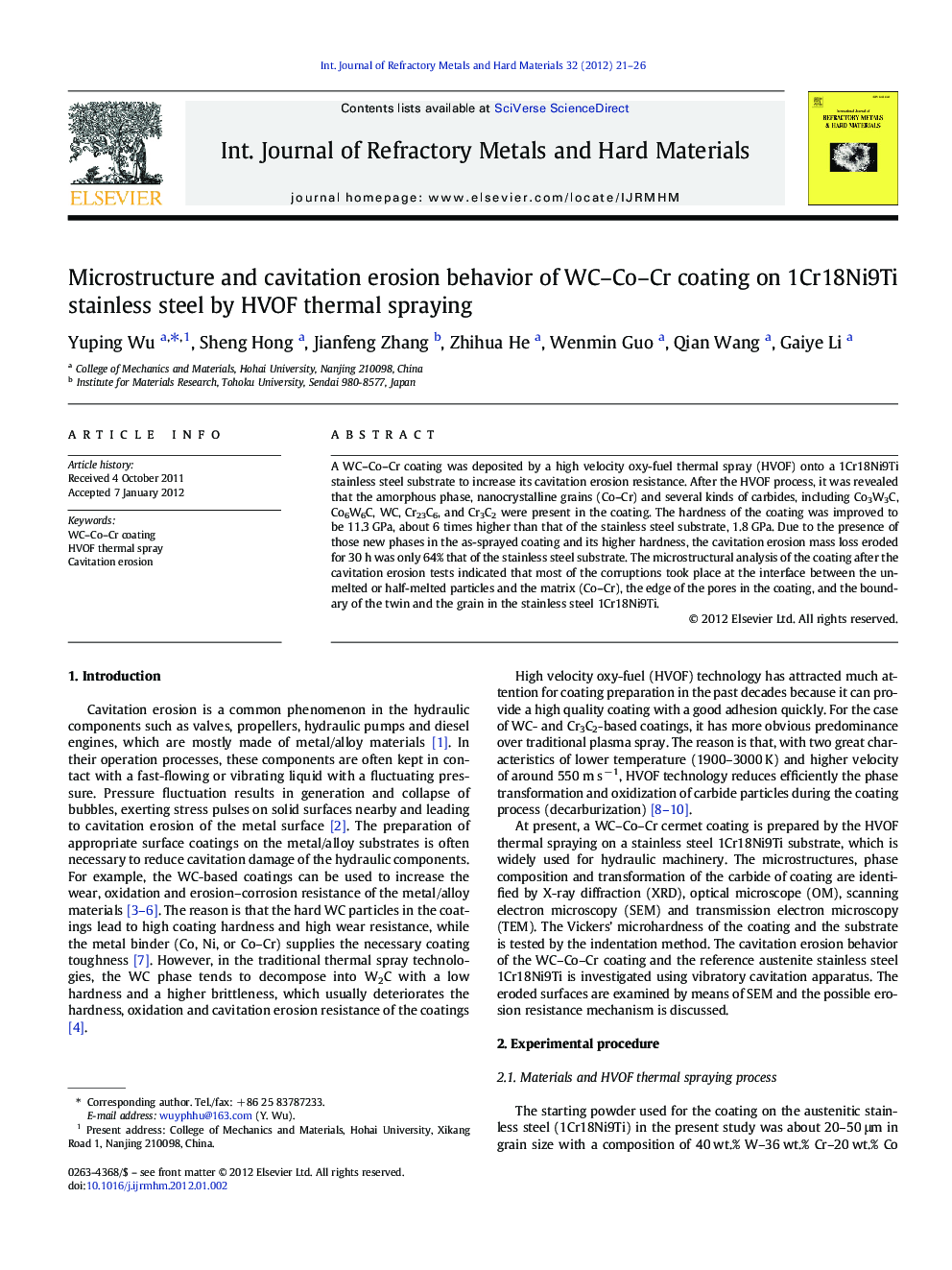 Microstructure and cavitation erosion behavior of WC–Co–Cr coating on 1Cr18Ni9Ti stainless steel by HVOF thermal spraying