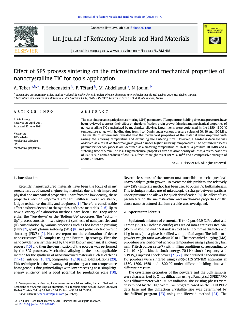 Effect of SPS process sintering on the microstructure and mechanical properties of nanocrystalline TiC for tools application