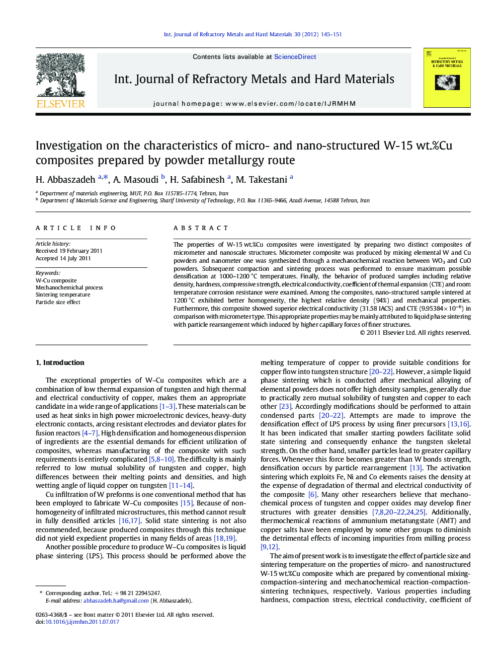 Investigation on the characteristics of micro- and nano-structured W-15 wt.%Cu composites prepared by powder metallurgy route