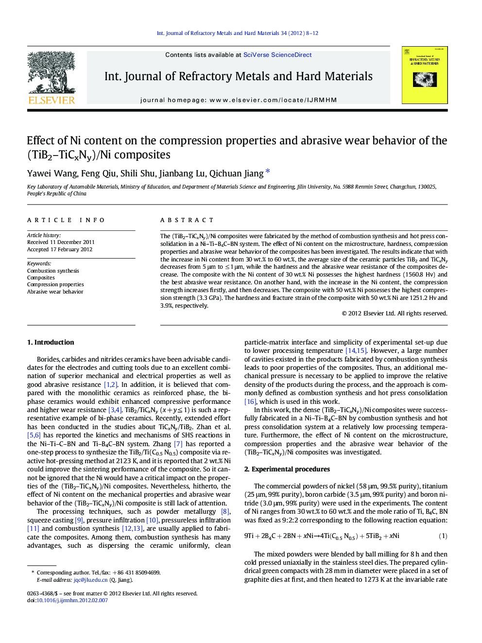 Effect of Ni content on the compression properties and abrasive wear behavior of the (TiB2–TiCxNy)/Ni composites