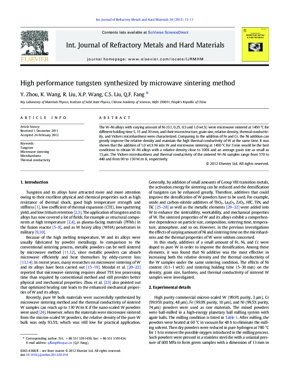 High performance tungsten synthesized by microwave sintering method