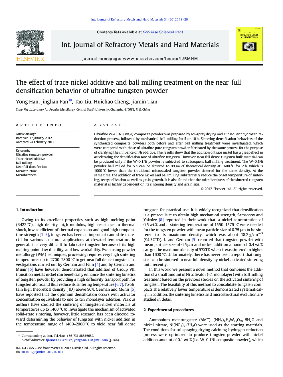 The effect of trace nickel additive and ball milling treatment on the near-full densification behavior of ultrafine tungsten powder