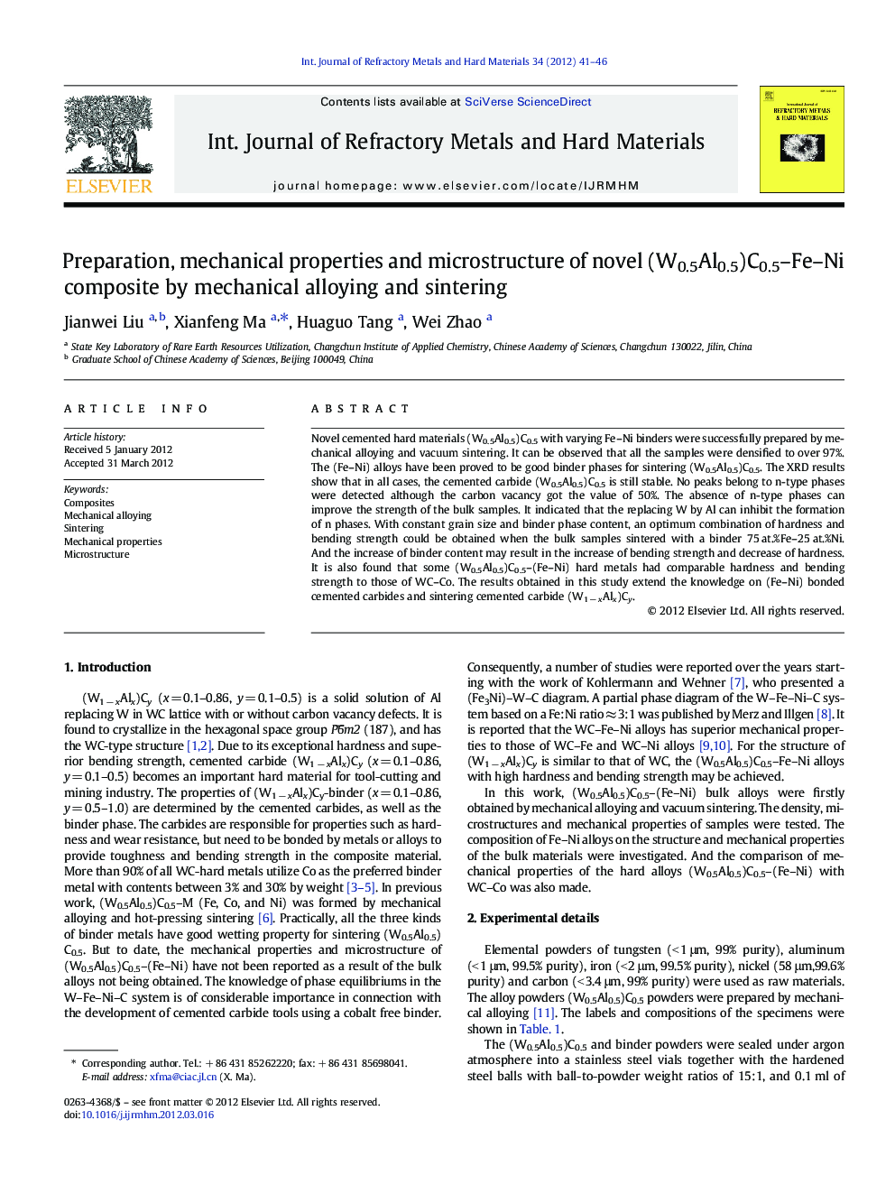 Preparation, mechanical properties and microstructure of novel (W0.5Al0.5)C0.5–Fe–Ni composite by mechanical alloying and sintering