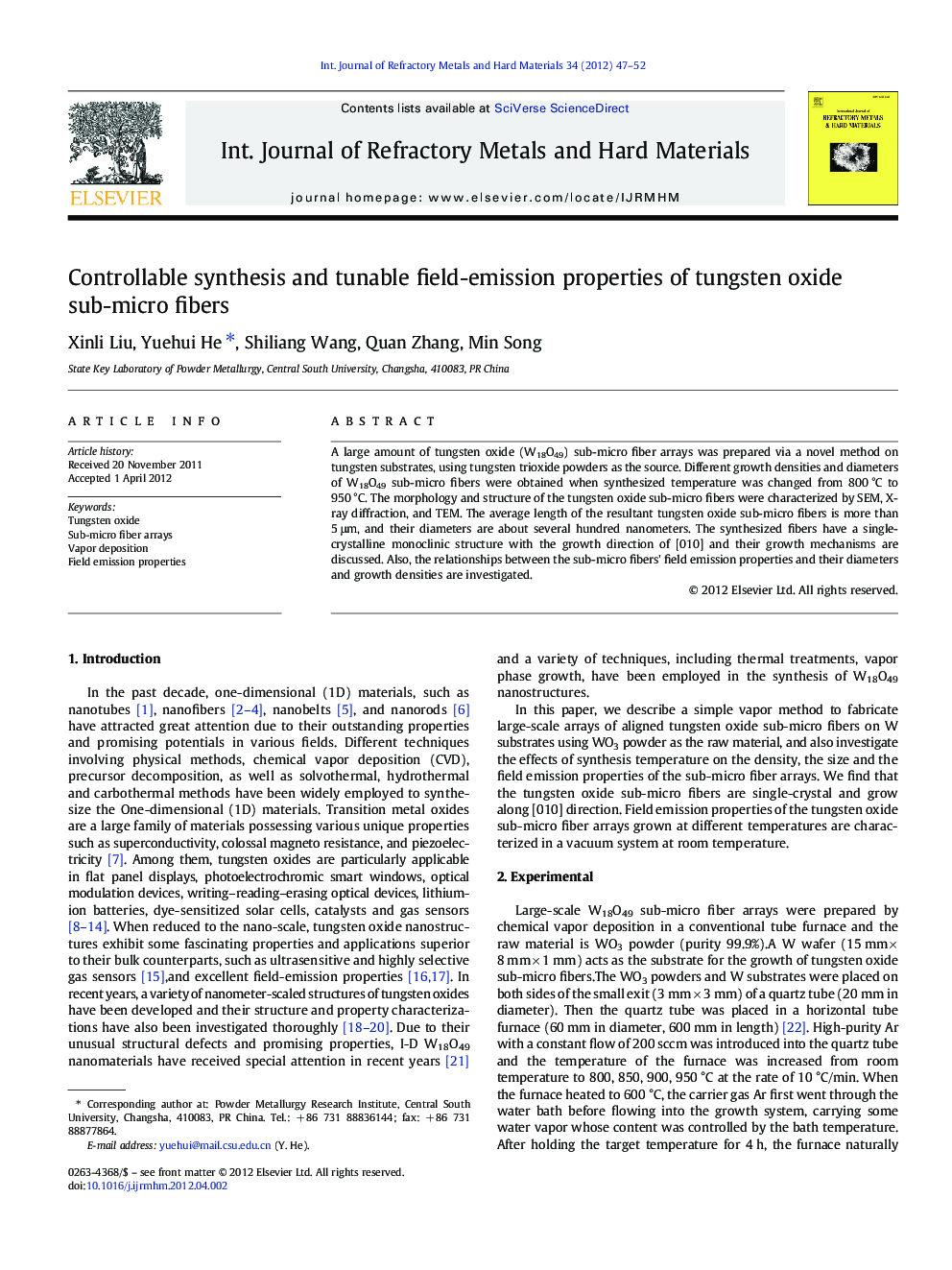 Controllable synthesis and tunable field-emission properties of tungsten oxide sub-micro fibers