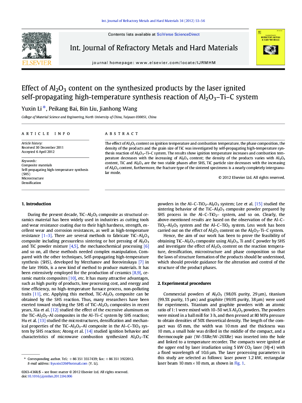 Effect of Al2O3 content on the synthesized products by the laser ignited self-propagating high-temperature synthesis reaction of Al2O3-Ti-C system