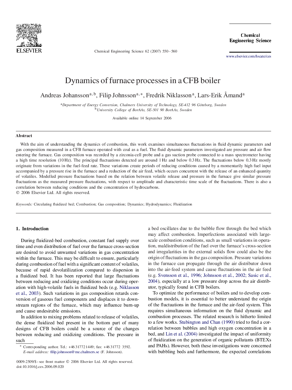 Dynamics of furnace processes in a CFB boiler