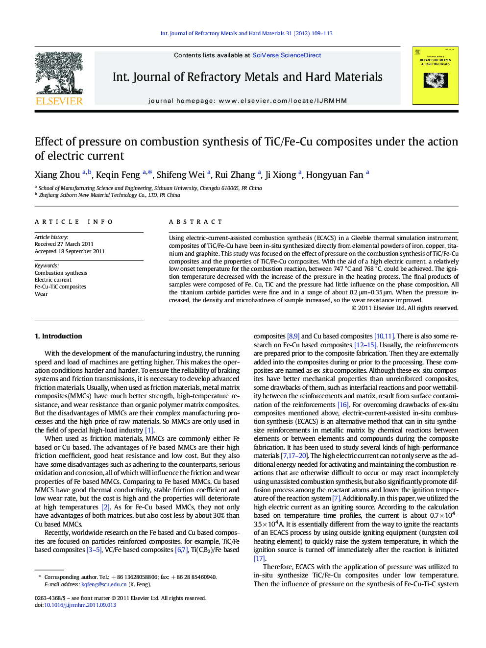 Effect of pressure on combustion synthesis of TiC/Fe-Cu composites under the action of electric current