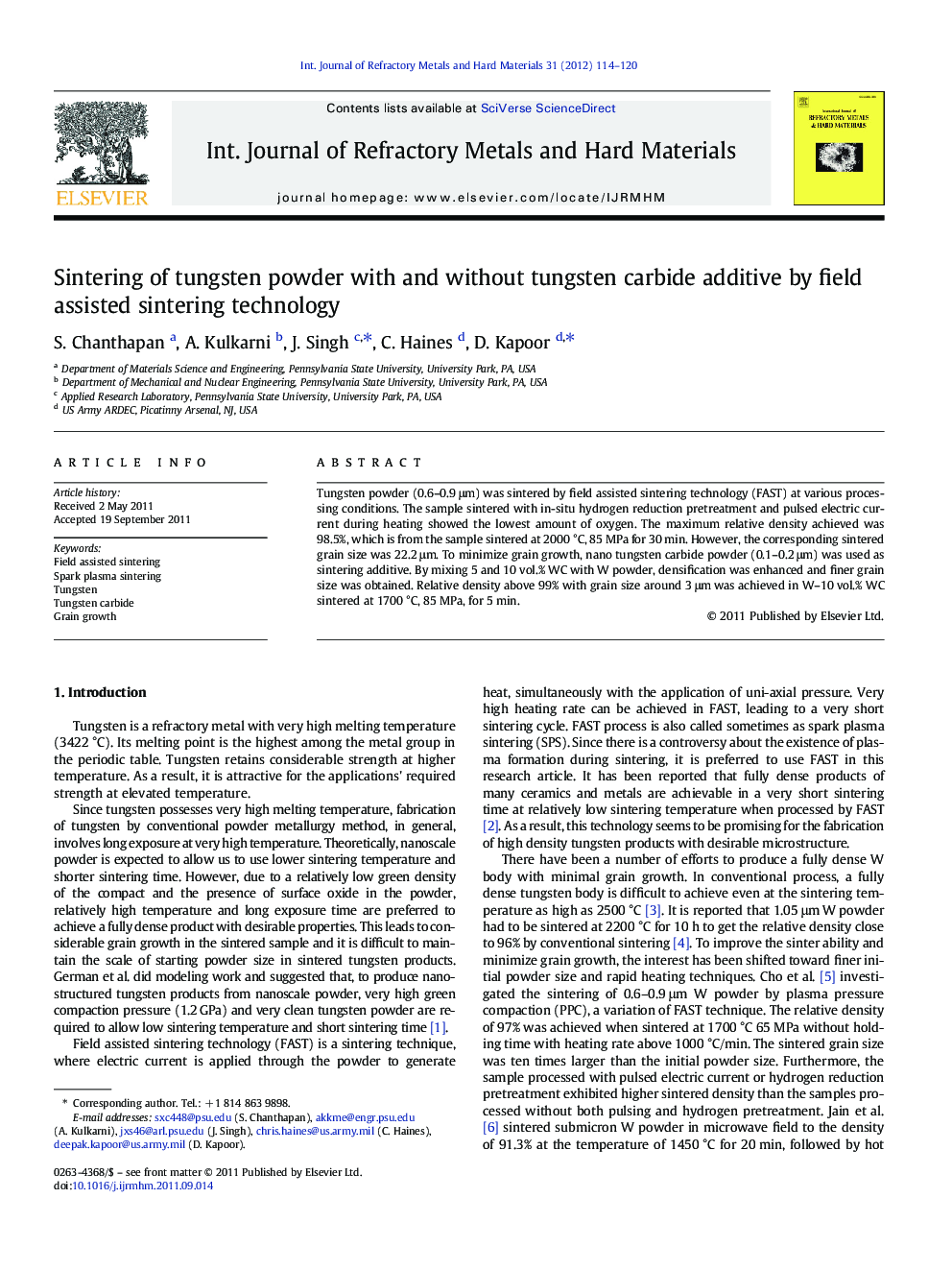 Sintering of tungsten powder with and without tungsten carbide additive by field assisted sintering technology