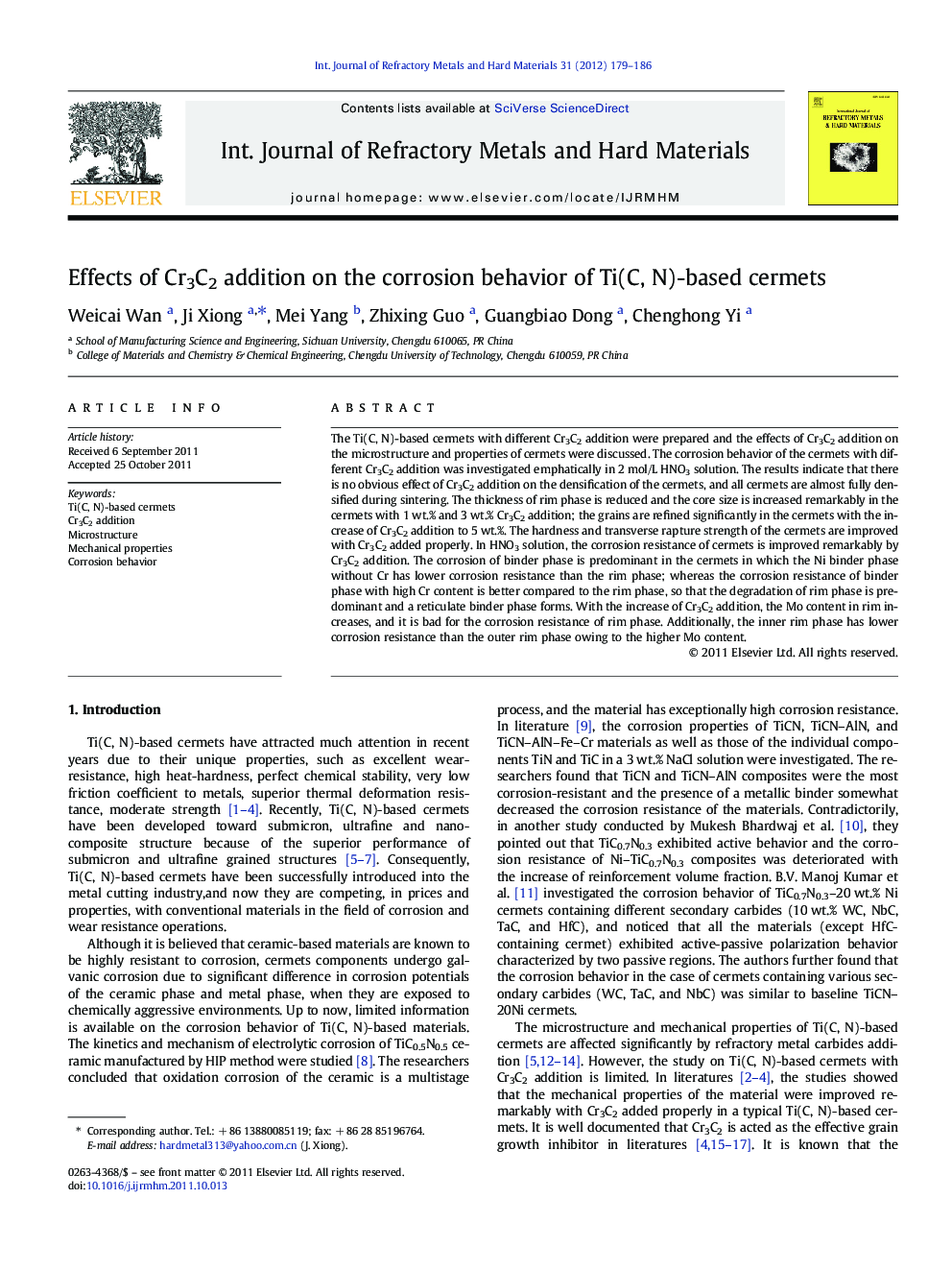 Effects of Cr3C2 addition on the corrosion behavior of Ti(C, N)-based cermets
