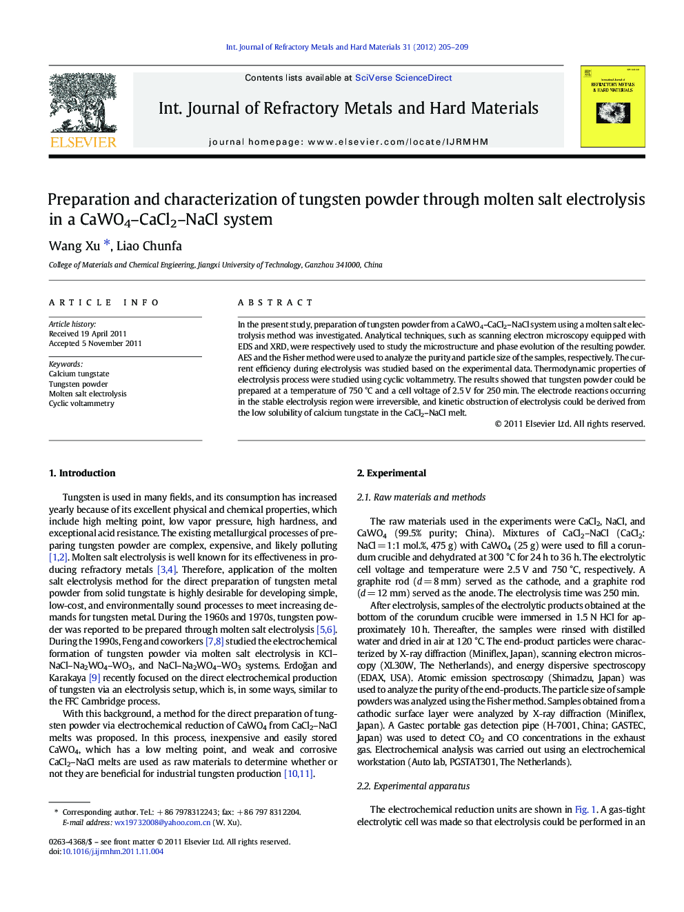 Preparation and characterization of tungsten powder through molten salt electrolysis in a CaWO4-CaCl2-NaCl system