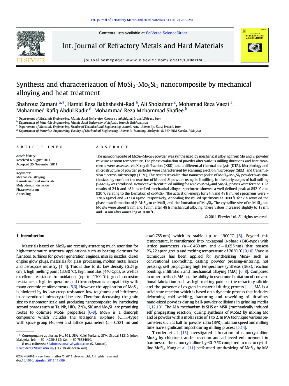 Synthesis and characterization of MoSi2-Mo5Si3 nanocomposite by mechanical alloying and heat treatment