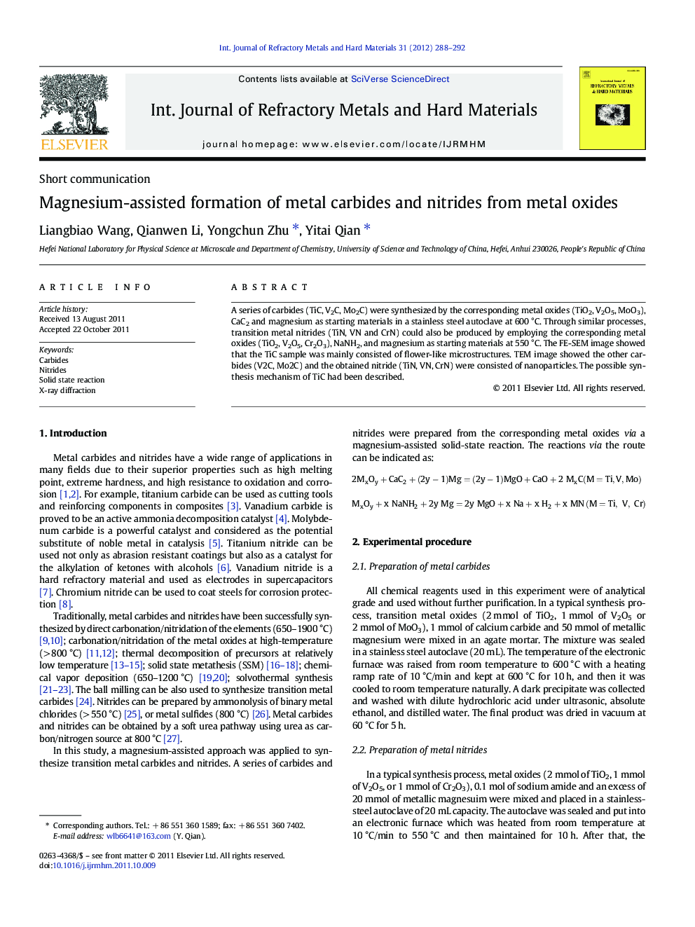 Magnesium-assisted formation of metal carbides and nitrides from metal oxides