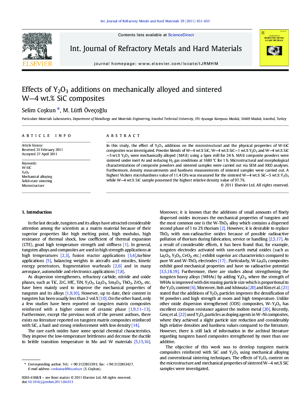 Effects of Y2O3 additions on mechanically alloyed and sintered W—4 wt.% SiC composites