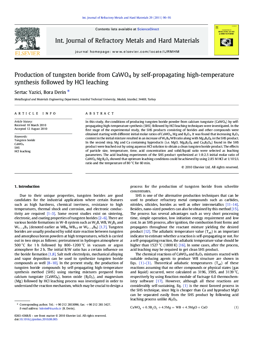 Production of tungsten boride from CaWO4 by self-propagating high-temperature synthesis followed by HCl leaching