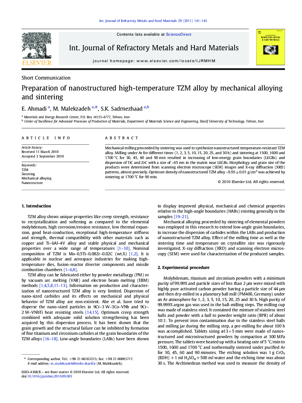 Preparation of nanostructured high-temperature TZM alloy by mechanical alloying and sintering