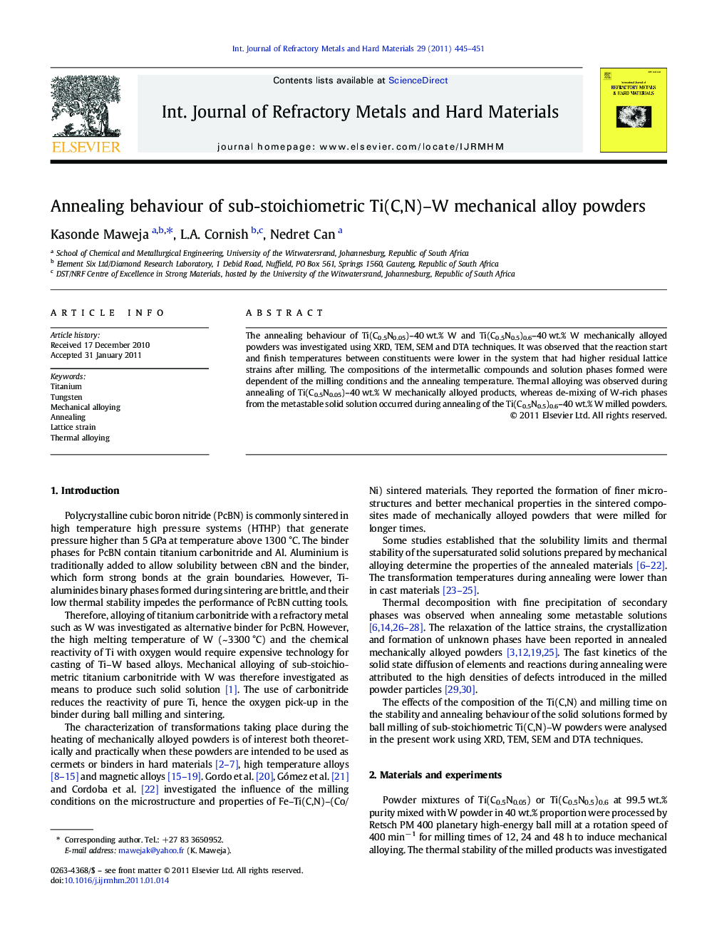 Annealing behaviour of sub-stoichiometric Ti(C,N)-W mechanical alloy powders