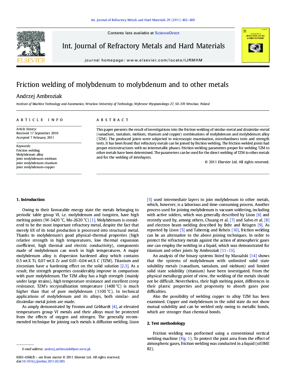 Friction welding of molybdenum to molybdenum and to other metals