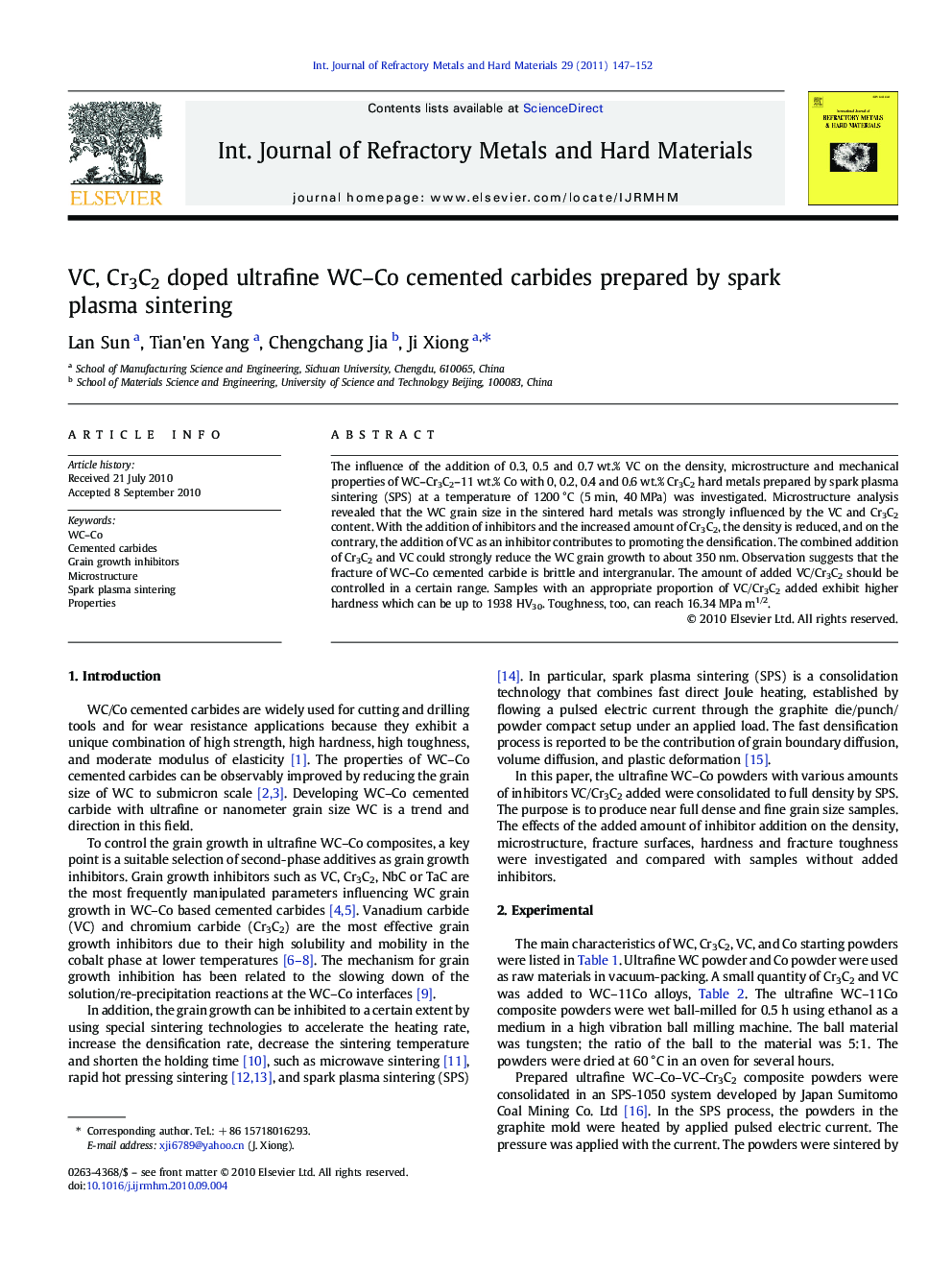 VC, Cr3C2 doped ultrafine WC–Co cemented carbides prepared by spark plasma sintering