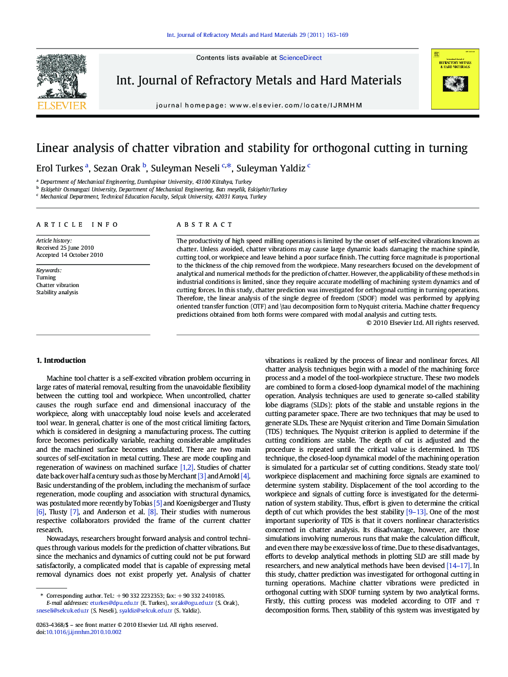 Linear analysis of chatter vibration and stability for orthogonal cutting in turning