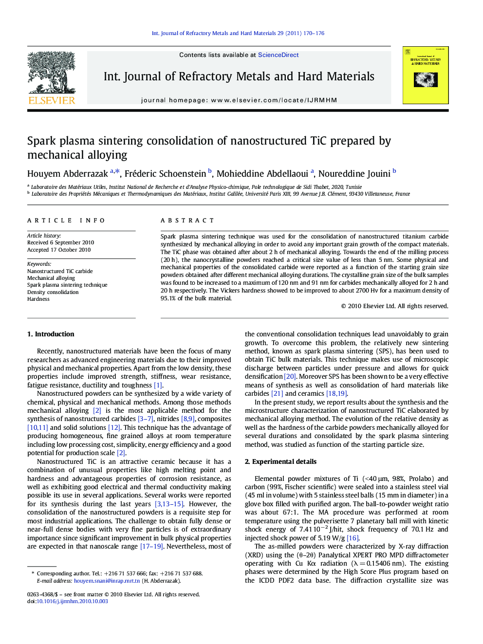 Spark plasma sintering consolidation of nanostructured TiC prepared by mechanical alloying