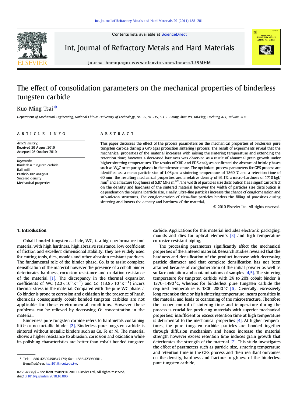 The effect of consolidation parameters on the mechanical properties of binderless tungsten carbide