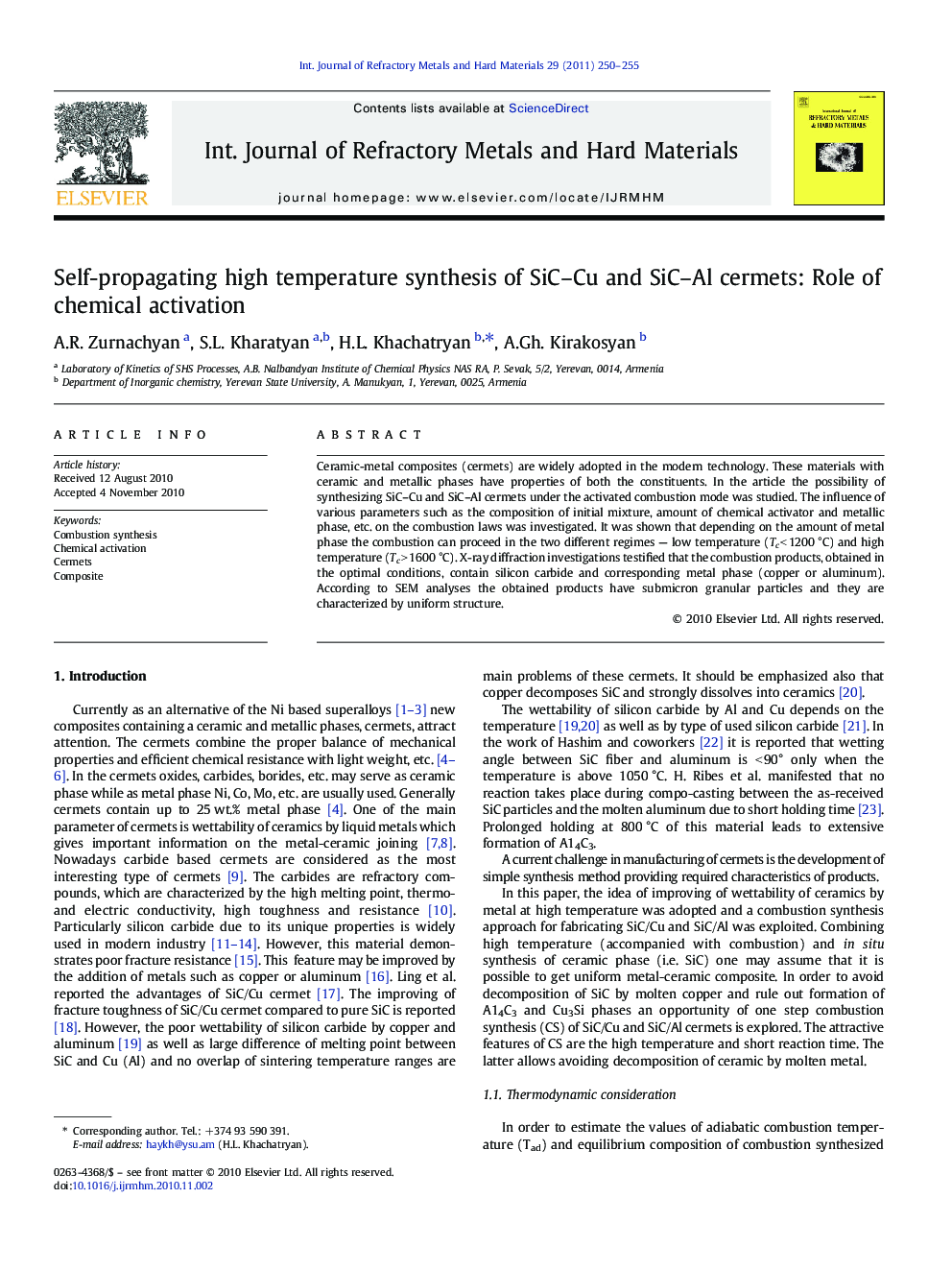 عکس صفحه اول مقاله: Self-propagating high temperature synthesis of SiC–Cu and SiC–Al cermets: Role of chemical activation Self-propagating high temperature synthesis of SiC–Cu and SiC–Al cermets: Role of chemical activation