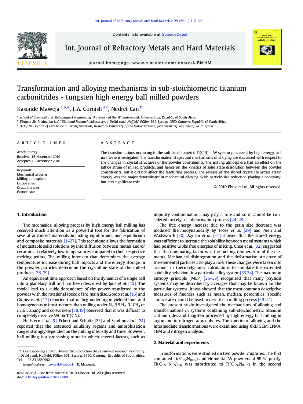 Transformation and alloying mechanisms in sub-stoichiometric titanium carbonitrides - tungsten high energy ball milled powders