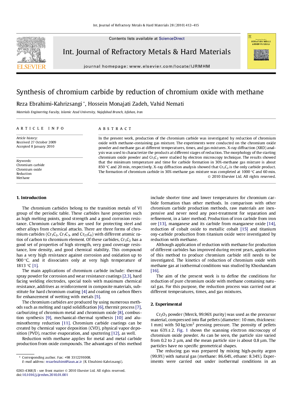 Synthesis of chromium carbide by reduction of chromium oxide with methane