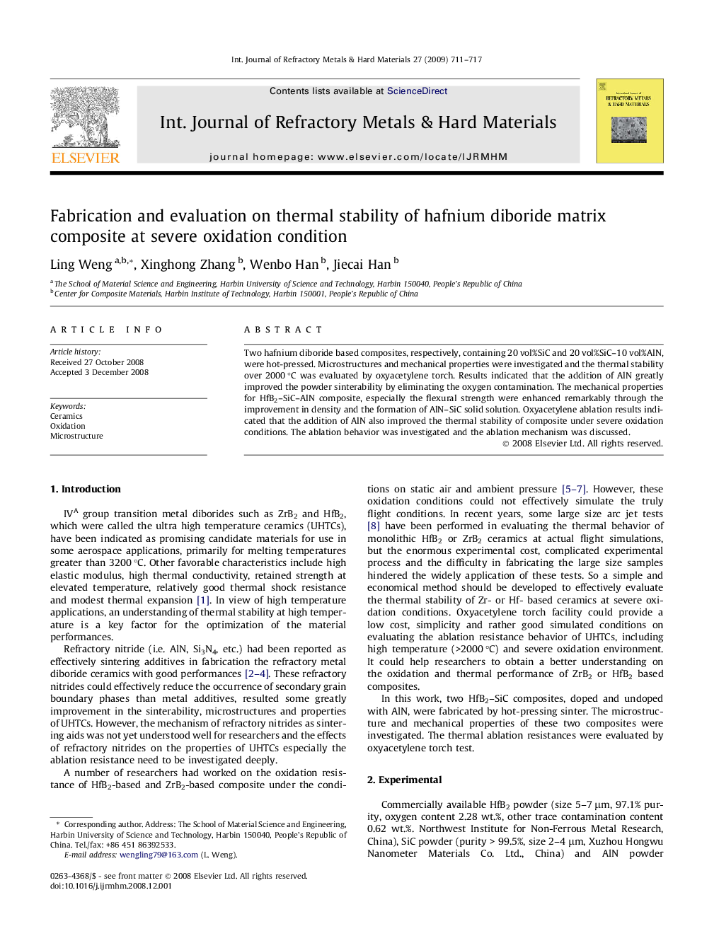 عکس صفحه اول مقاله: Fabrication and evaluation on thermal stability of hafnium diboride matrix composite at severe oxidation condition Fabrication and evaluation on thermal stability of hafnium diboride matrix composite at severe oxidation condition