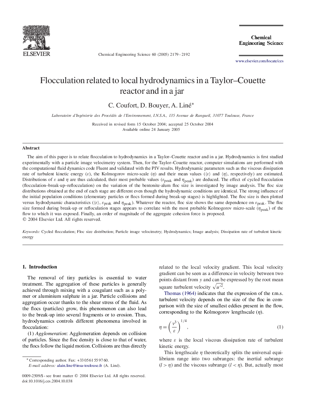 Flocculation related to local hydrodynamics in a Taylor–Couette reactor and in a jar