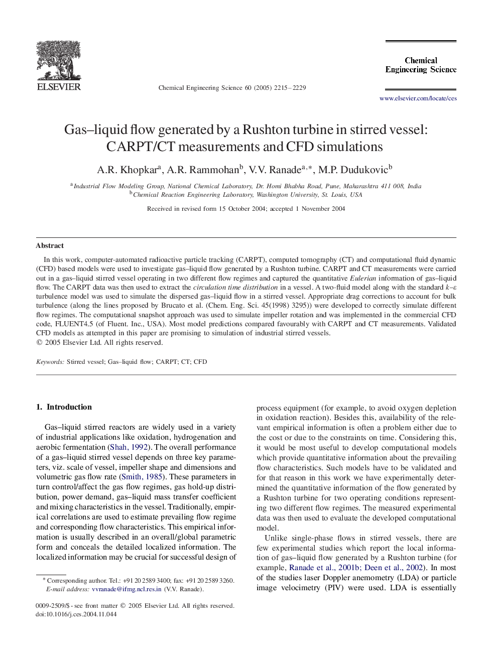 Gas–liquid flow generated by a Rushton turbine in stirred vessel: CARPT/CT measurements and CFD simulations