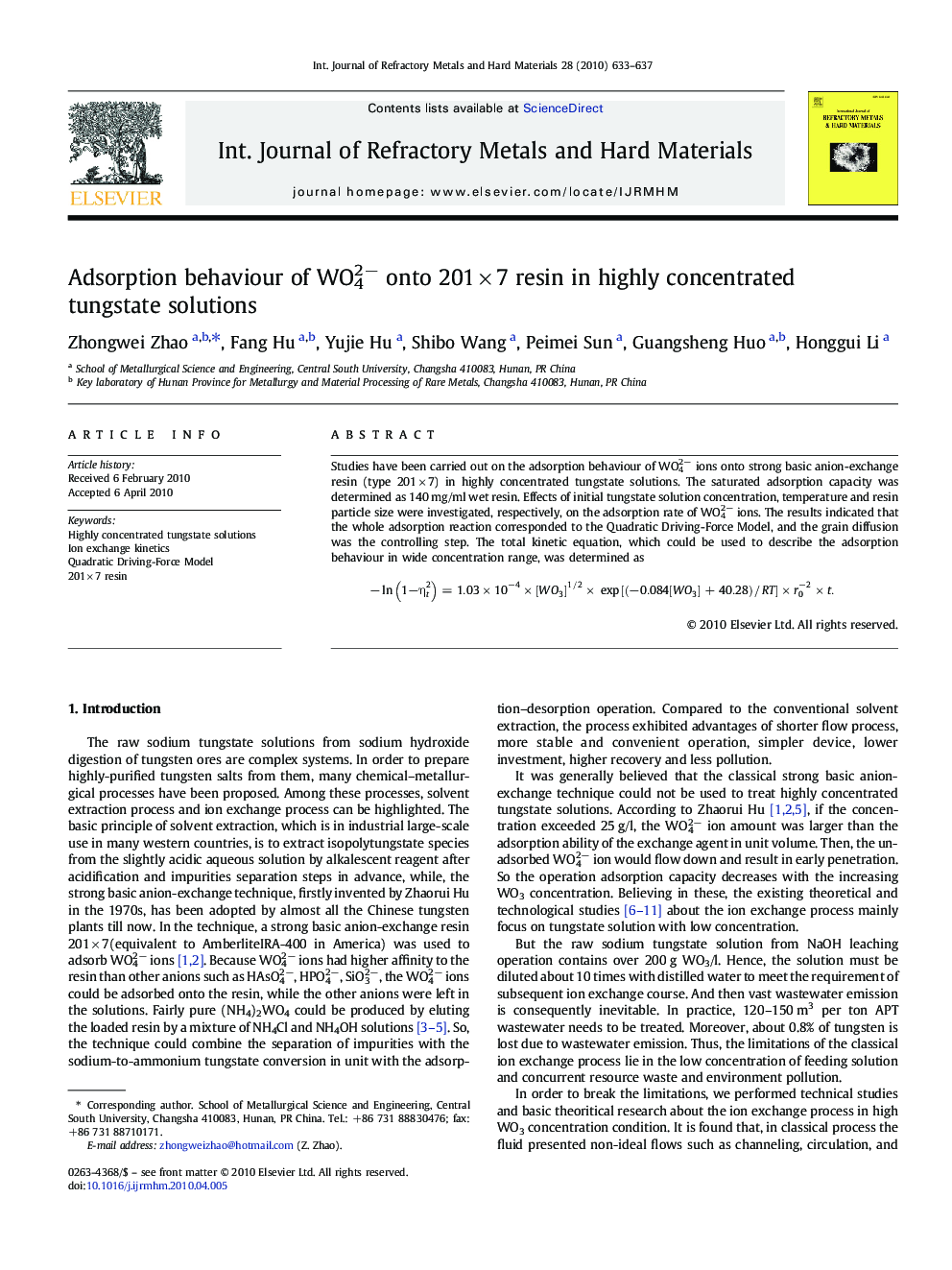 Adsorption behaviour of WO42− onto 201 × 7 resin in highly concentrated tungstate solutions