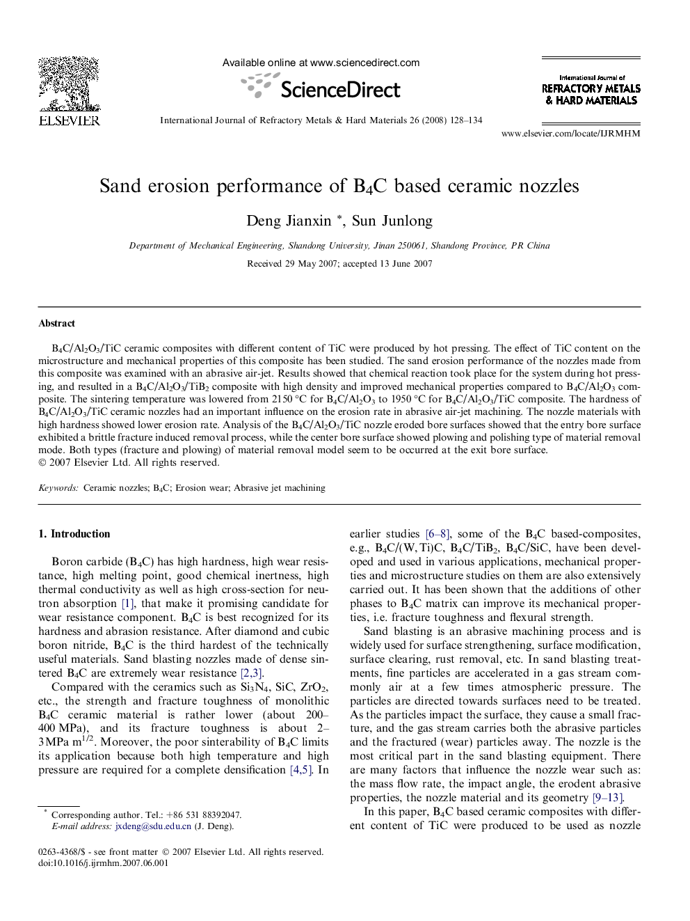 Sand erosion performance of B4C based ceramic nozzles