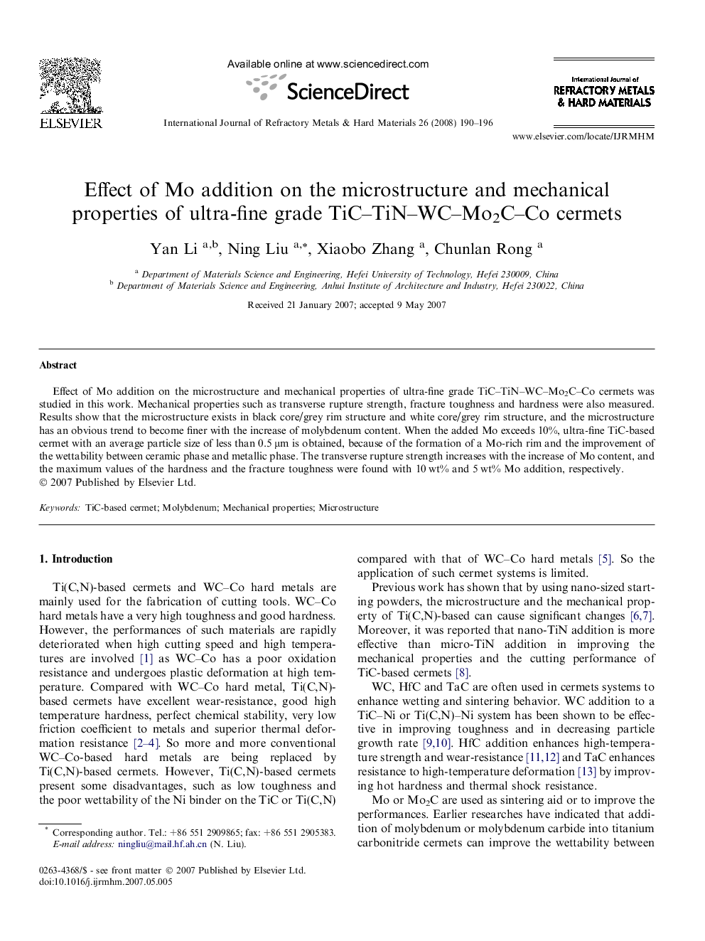 Effect of Mo addition on the microstructure and mechanical properties of ultra-fine grade TiC–TiN–WC–Mo2C–Co cermets