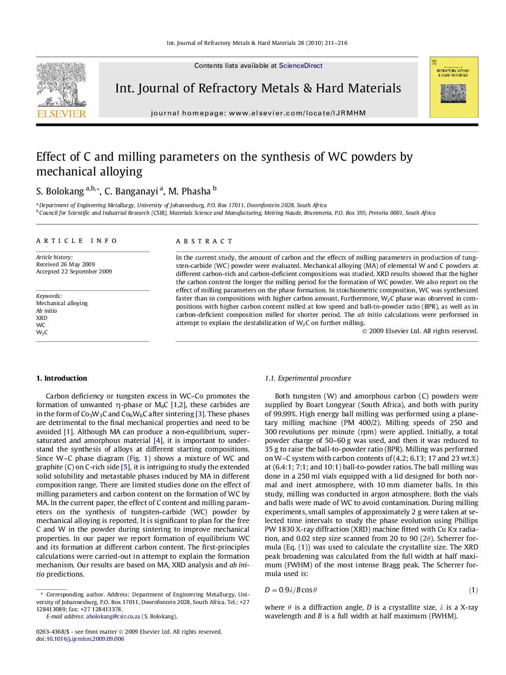 Effect of C and milling parameters on the synthesis of WC powders by mechanical alloying