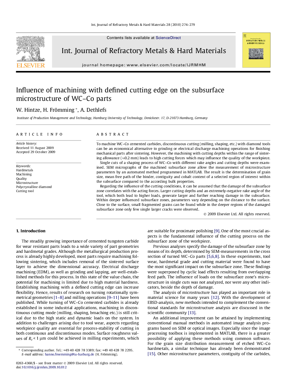 Influence of machining with defined cutting edge on the subsurface microstructure of WC–Co parts