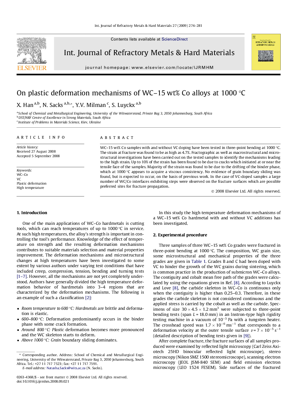 عکس صفحه اول مقاله: On plastic deformation mechanisms of WC–15 wt% Co alloys at 1000 °C On plastic deformation mechanisms of WC–15 wt% Co alloys at 1000 °C