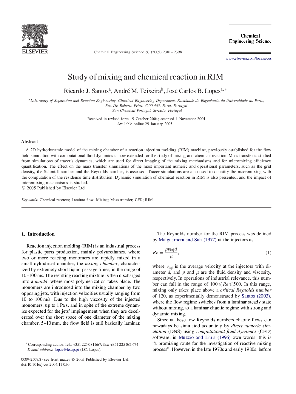 Study of mixing and chemical reaction in RIM