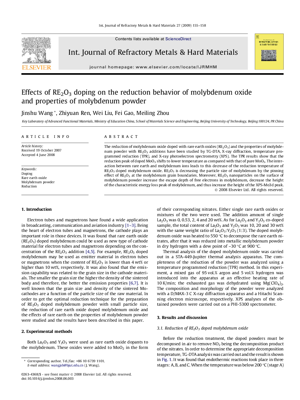 Effects of RE2O3 doping on the reduction behavior of molybdenum oxide and properties of molybdenum powder